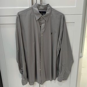 Two gray Ralph Lauren button down shirts one light gray one dark gray